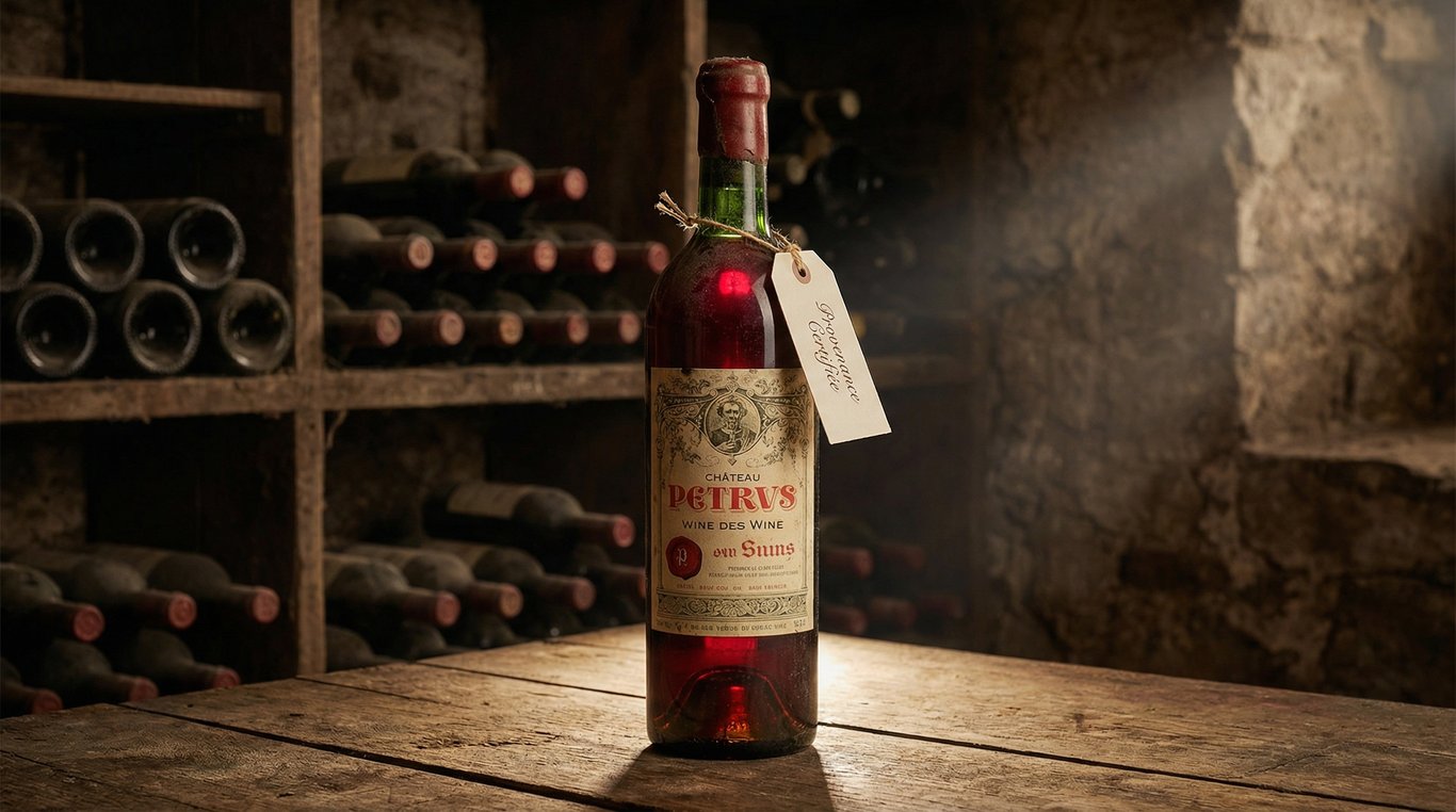 Bouteille de vin rare éclairée dramatiquement dans une cave sombre