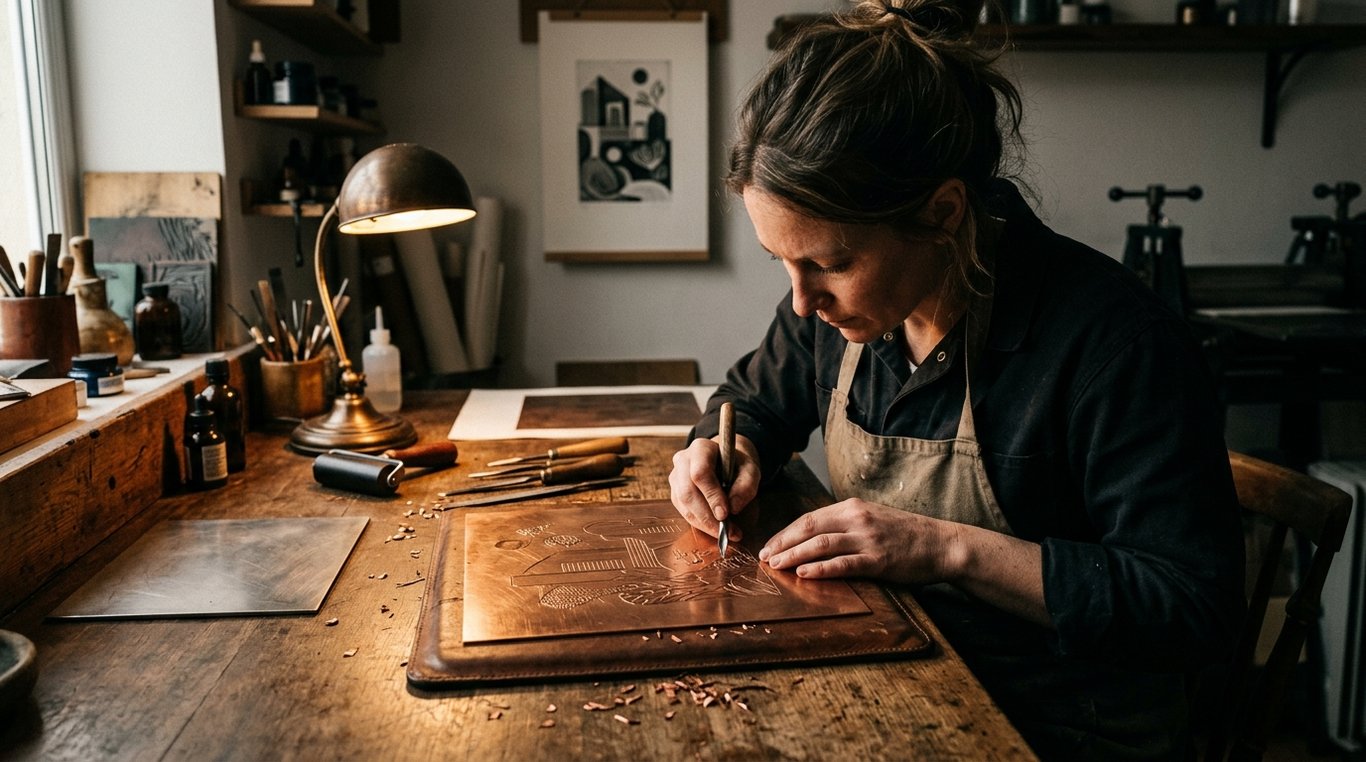 Artisan graveur encrant une plaque de cuivre