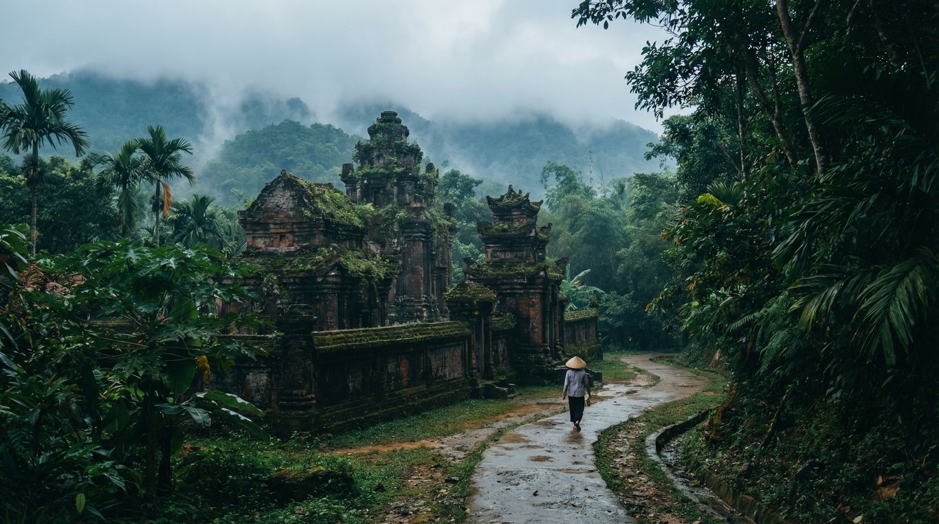 Paysage brumeux d’un temple asiatique entouré de bambous verts et montagnes lointaines