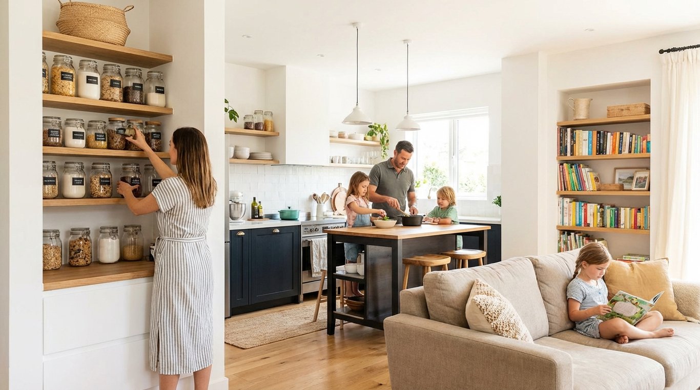 Un dressing parfaitement organisé avec des vêtements triés par couleur et des boîtes de rangement étiquetées