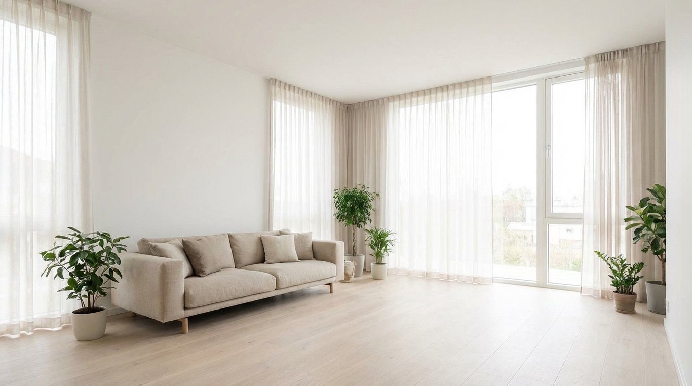 Salon spacieux baigné de lumière naturelle, murs blancs et canapé beige