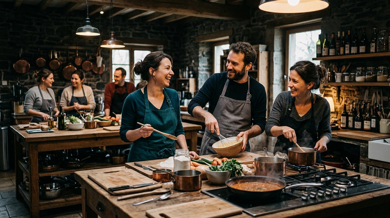 Apprentis cuisiniers partageant un moment convivial autour d'une table de travail