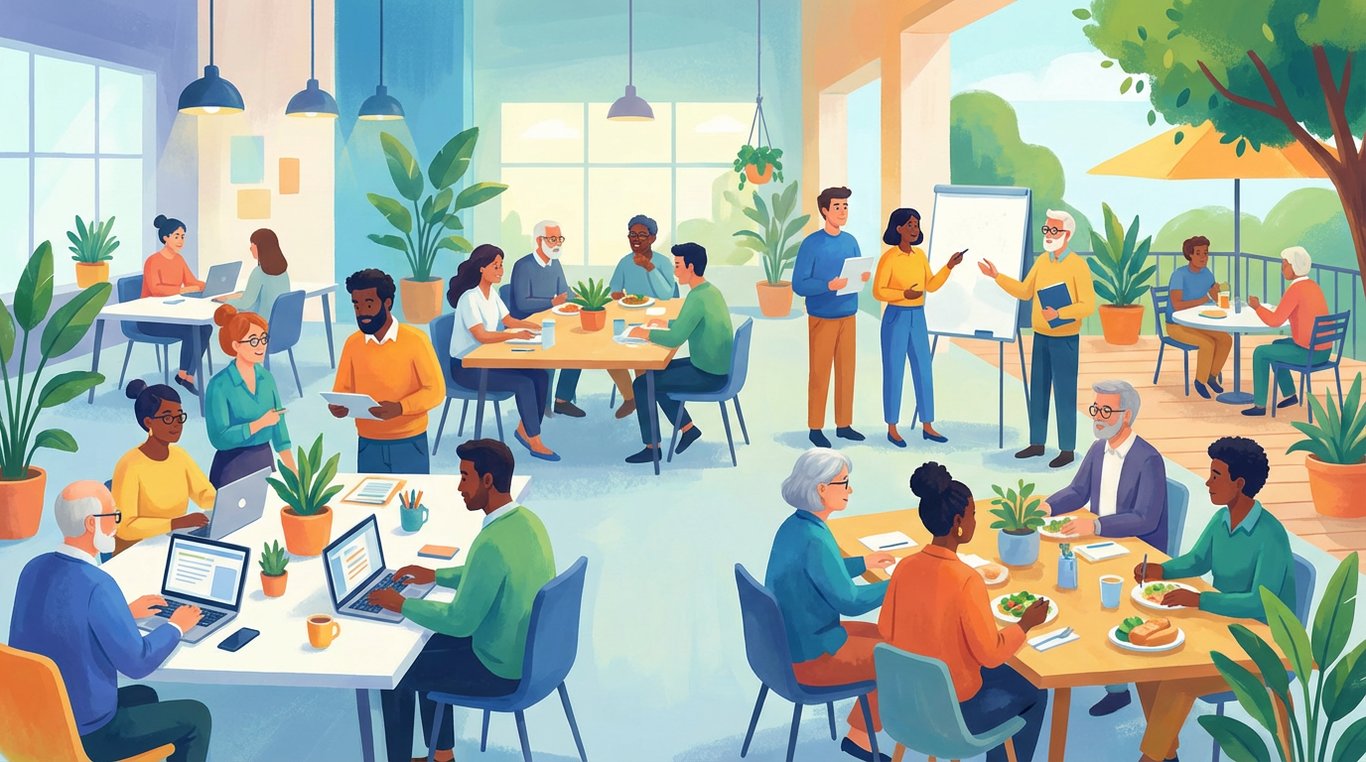 Portrait de groupe créatif avec accessoires géométriques géants en carton, ambiance studio photo délurée