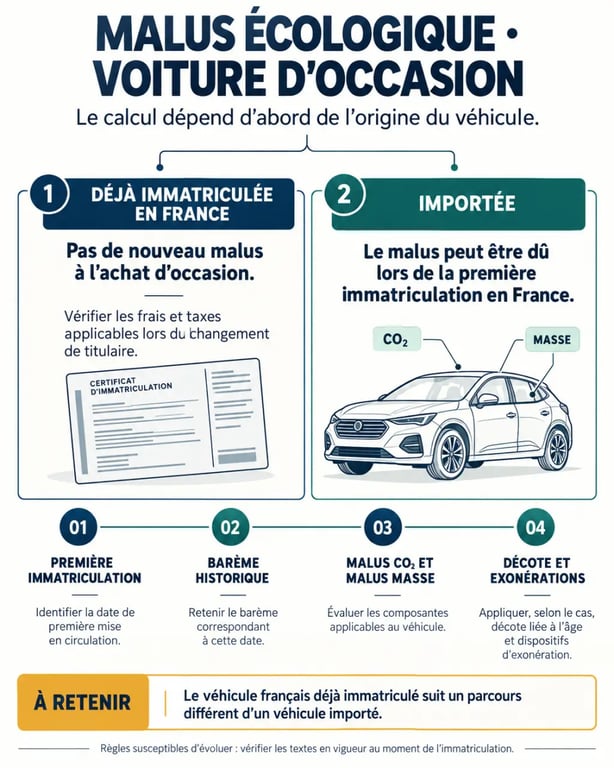 Infographie sur le calcul malus écologique voiture occasion importée ou déjà immatriculée en France