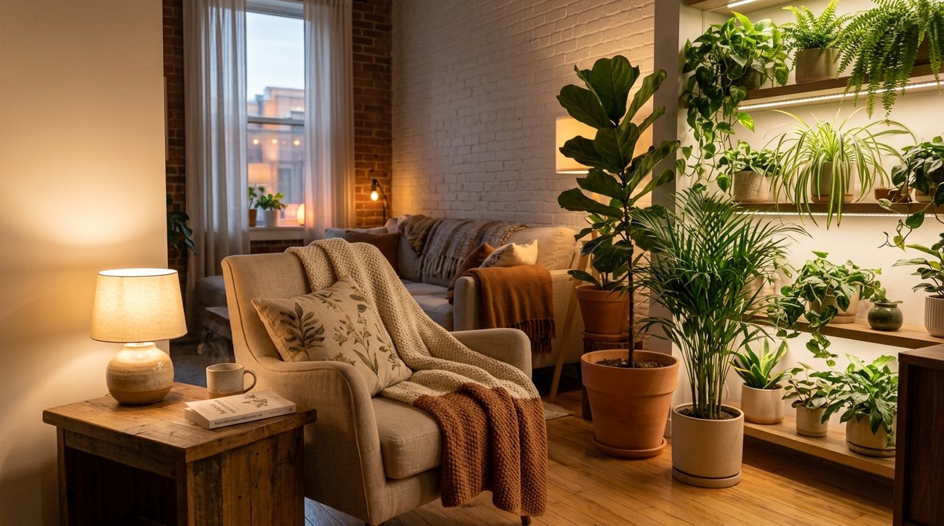 Après : salon chaleureux avec plantes en composition et matières naturelles.