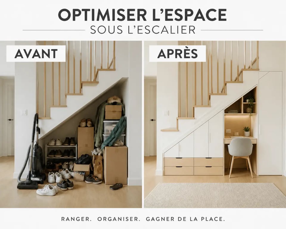 Aménager sous un escalier avec un avant/après montrant des rangements et un bureau discret