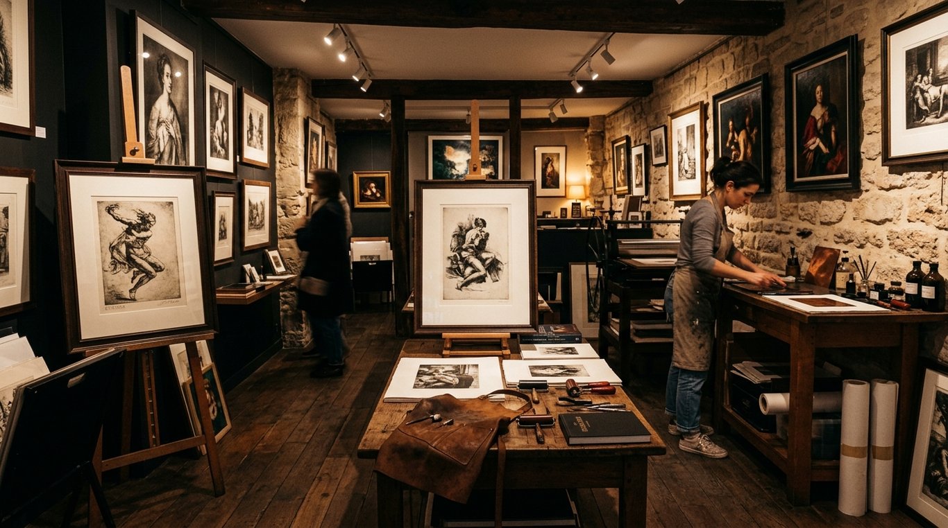 Gravure artistique en édition limitée, œuvre encadrée sur fond clair