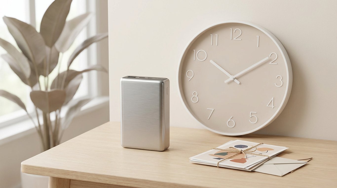 Contenu de la box octobre 2025 : batterie externe compacte, horloge murale minimaliste, set de cartes postales artistiques