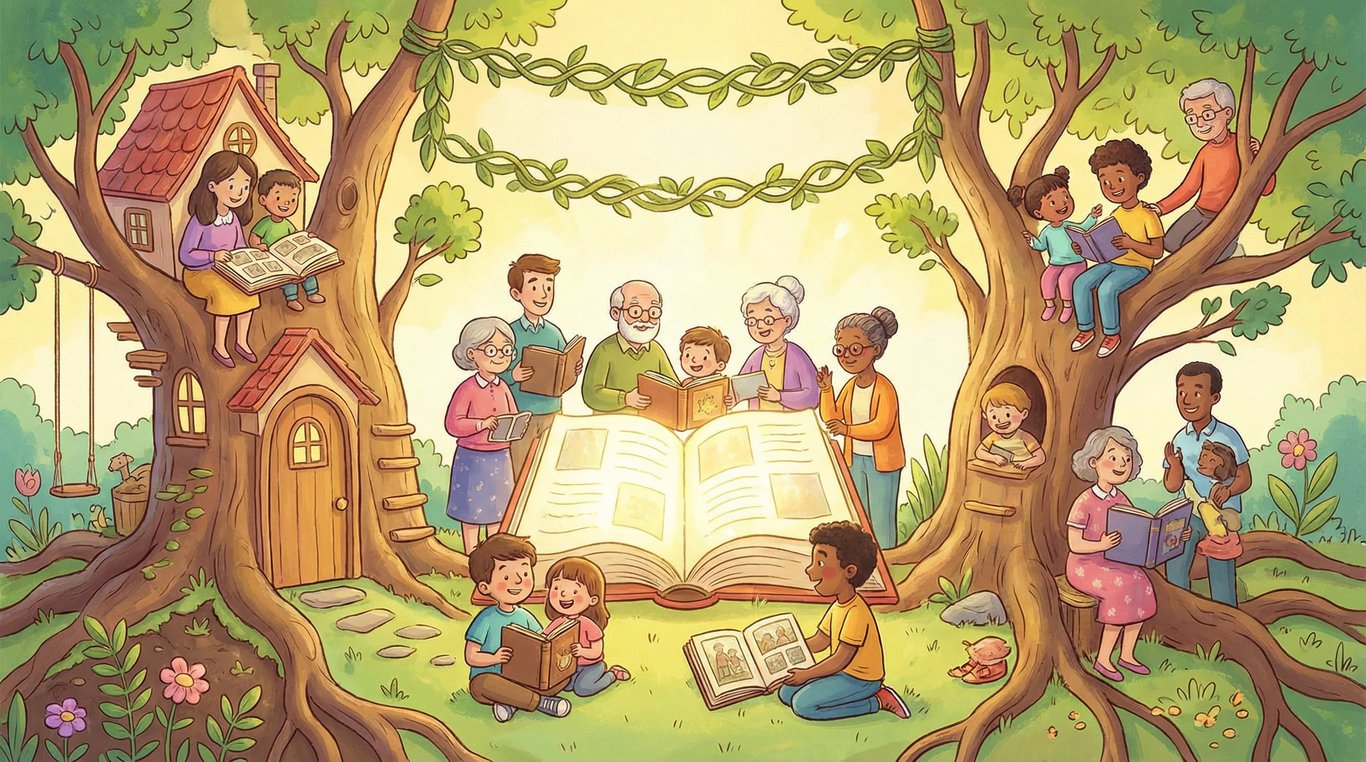 Collage artistique de portraits de familles heureuses dans des cadres ronds, reliés par des lignes douces symbolisant la connexion