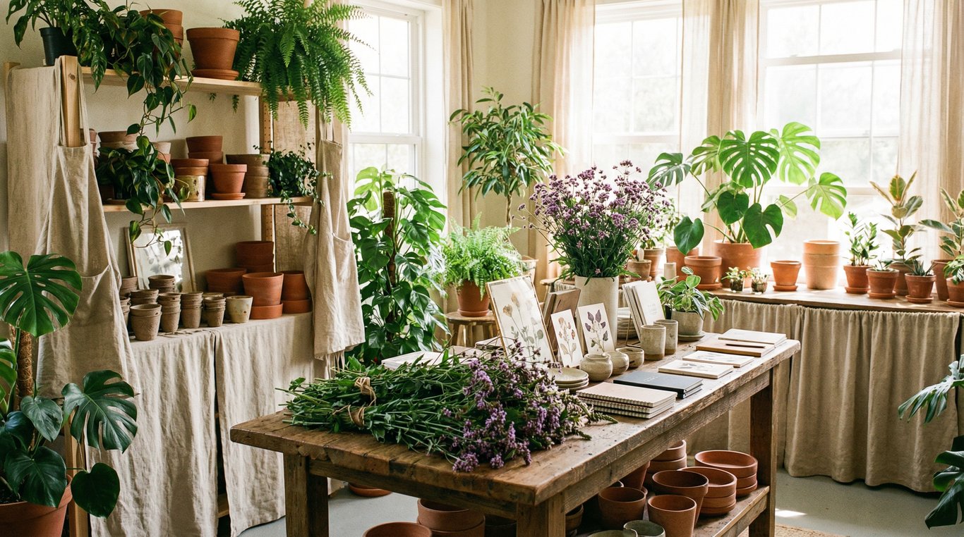 Atelier lumineux avec plantes et céramiques