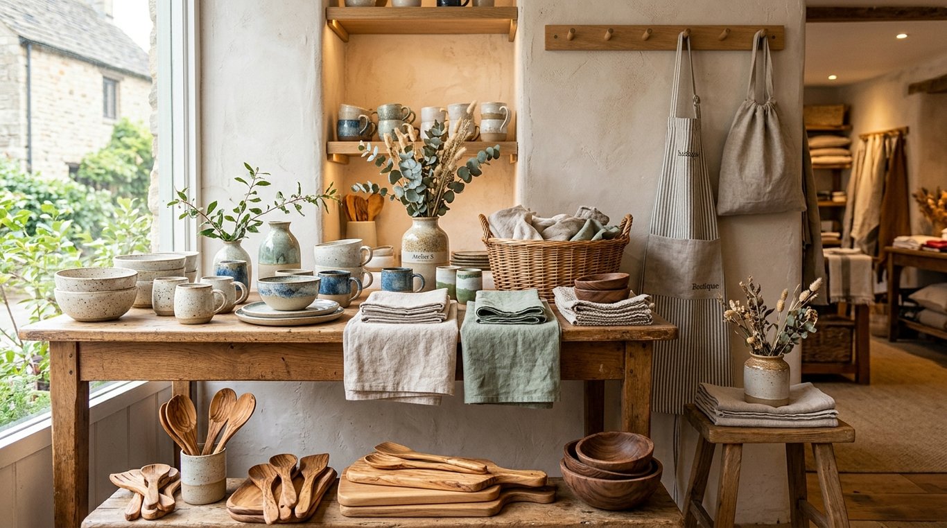 Gros plan sur une création en céramique artisanale et un textile en lin, éclairage naturel doux, ambiance chaleureuse
