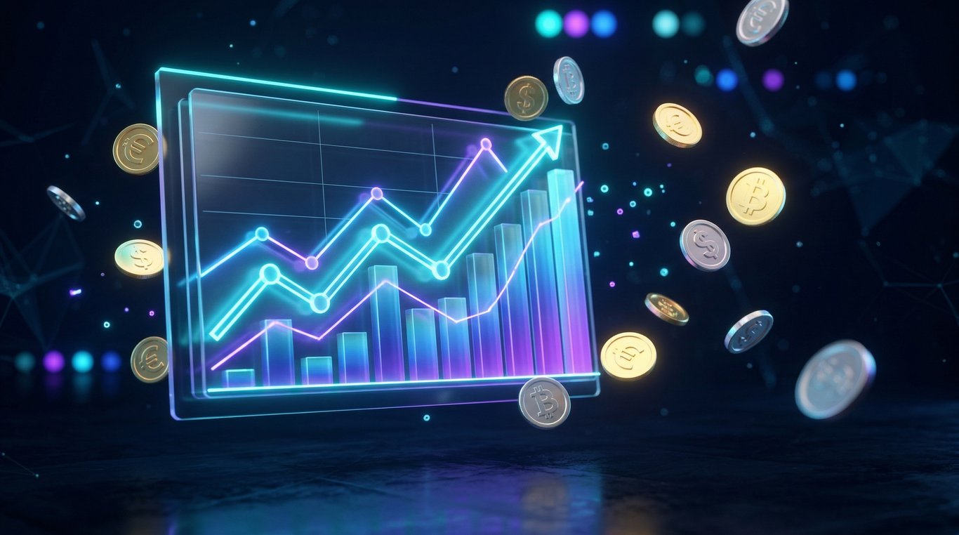 Graphique boursier futuriste en 3D avec des éléments lumineux cyan et violets