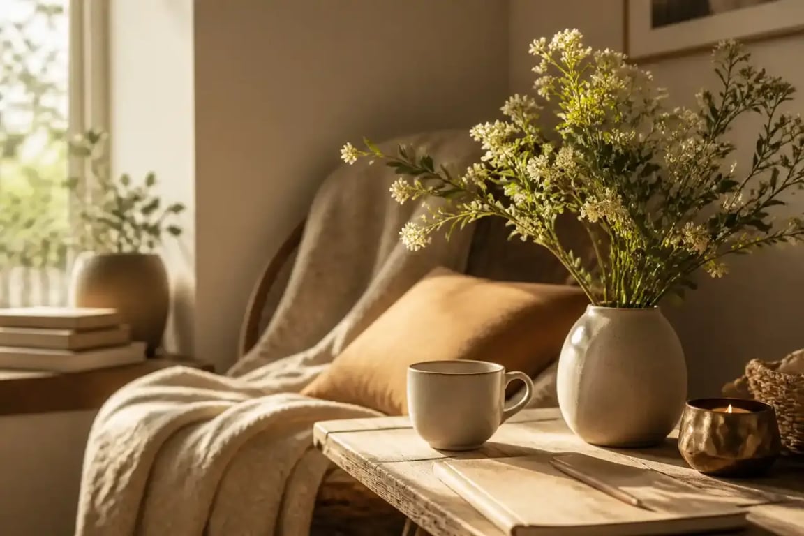 Palette de couleurs chaudes et matières naturelles pour une ambiance hygge apaisante