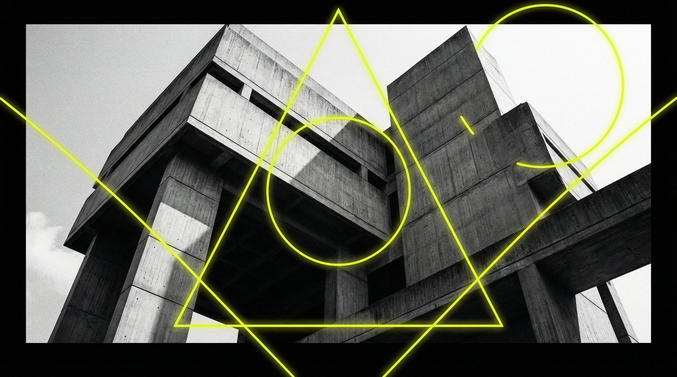 Vue en contre-plongée extrême d'un bâtiment en béton brut avec formes géométriques jaunes