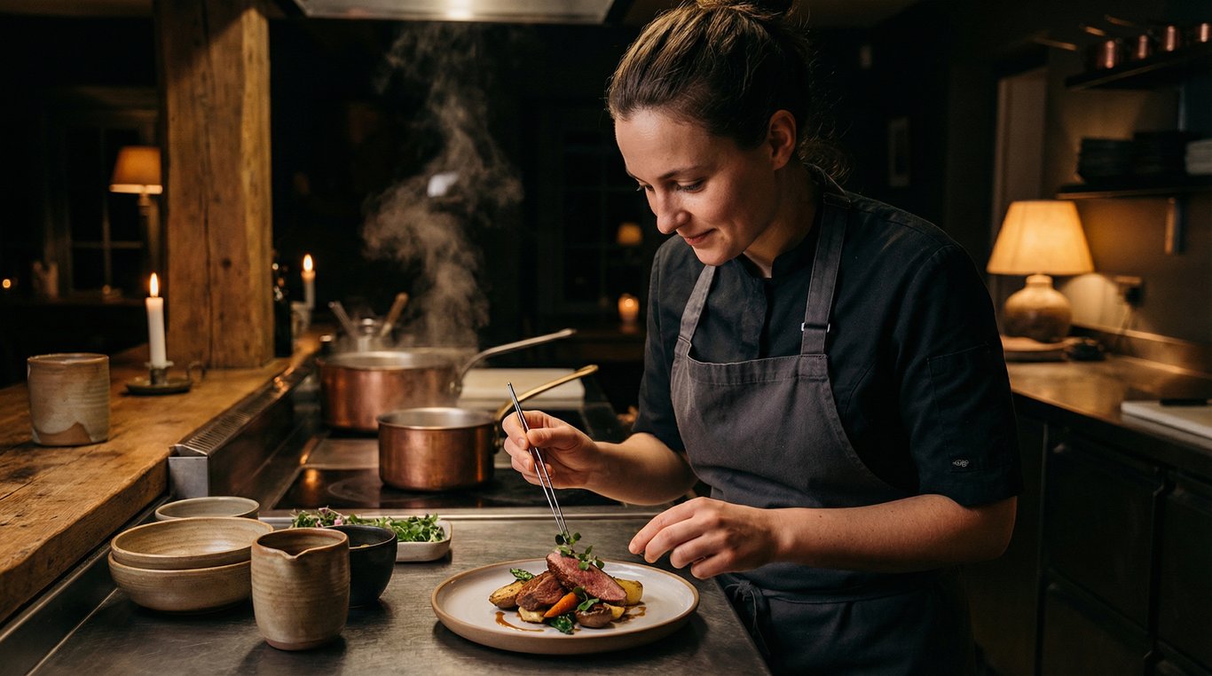 Portrait en cuisine de la sous-cheffe, souriante et attentive