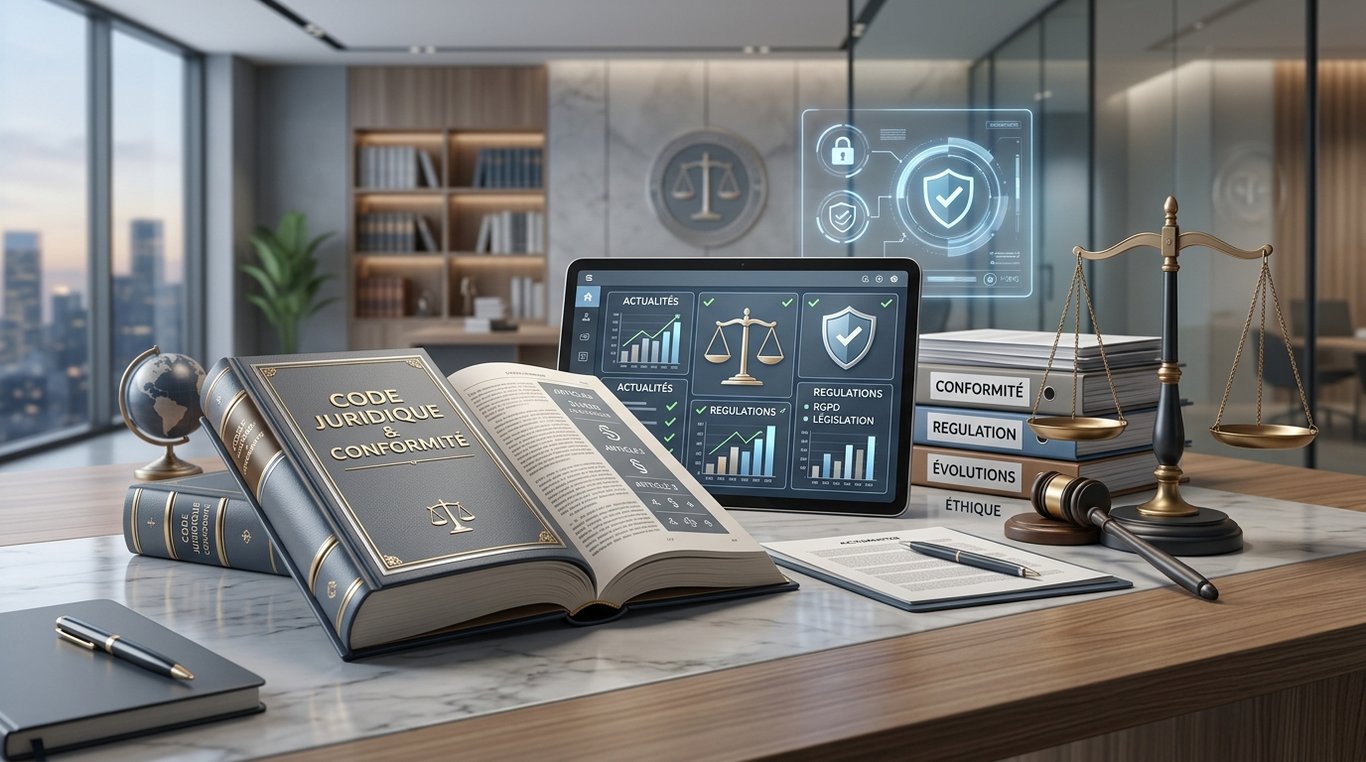 Composition 3D abstraite illustrant les actualités légales et la conformité : livres de droit modernisés, tablette avec graphiques et loupe stylisée