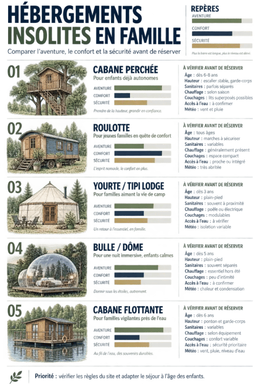 Hébergement insolite en famille : comparaison des cabanes, roulottes, yourtes, bulles et logements flottants