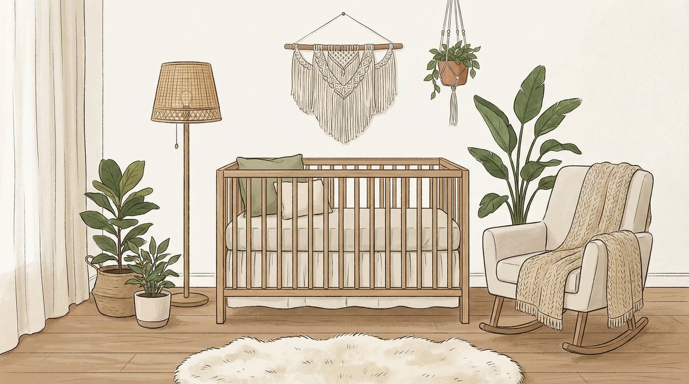 Chambre d'enfant minimaliste et chaleureuse avec berceau en osier, tapis en jute et jouets en bois