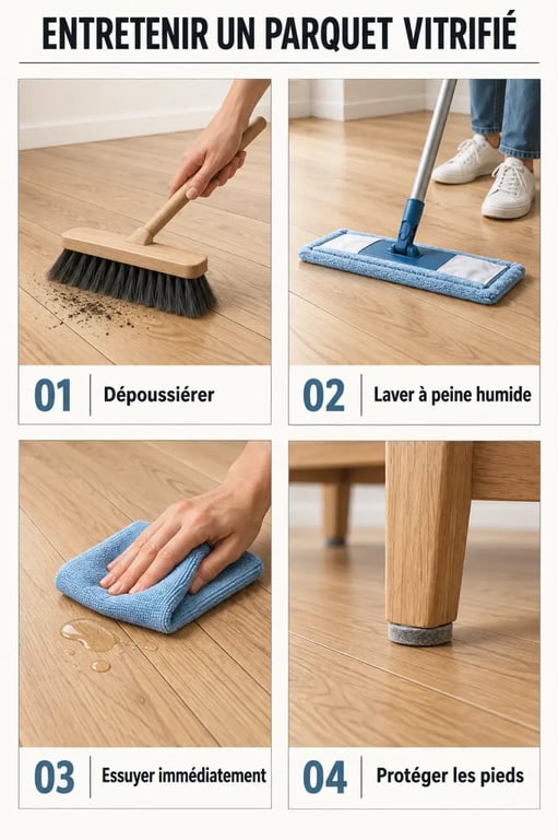 Étapes pour entretenir un parquet vitrifié avec dépoussiérage, lavage humide et protection contre les rayures