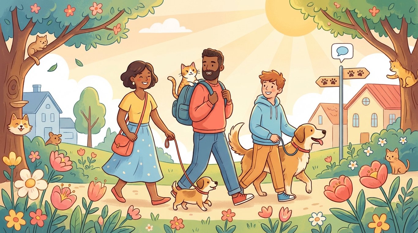 Jeune femme souriante tenant un chien en laisse dans un parc, entourée d'éléments graphiques colorés flottants comme des cœurs et des étoiles