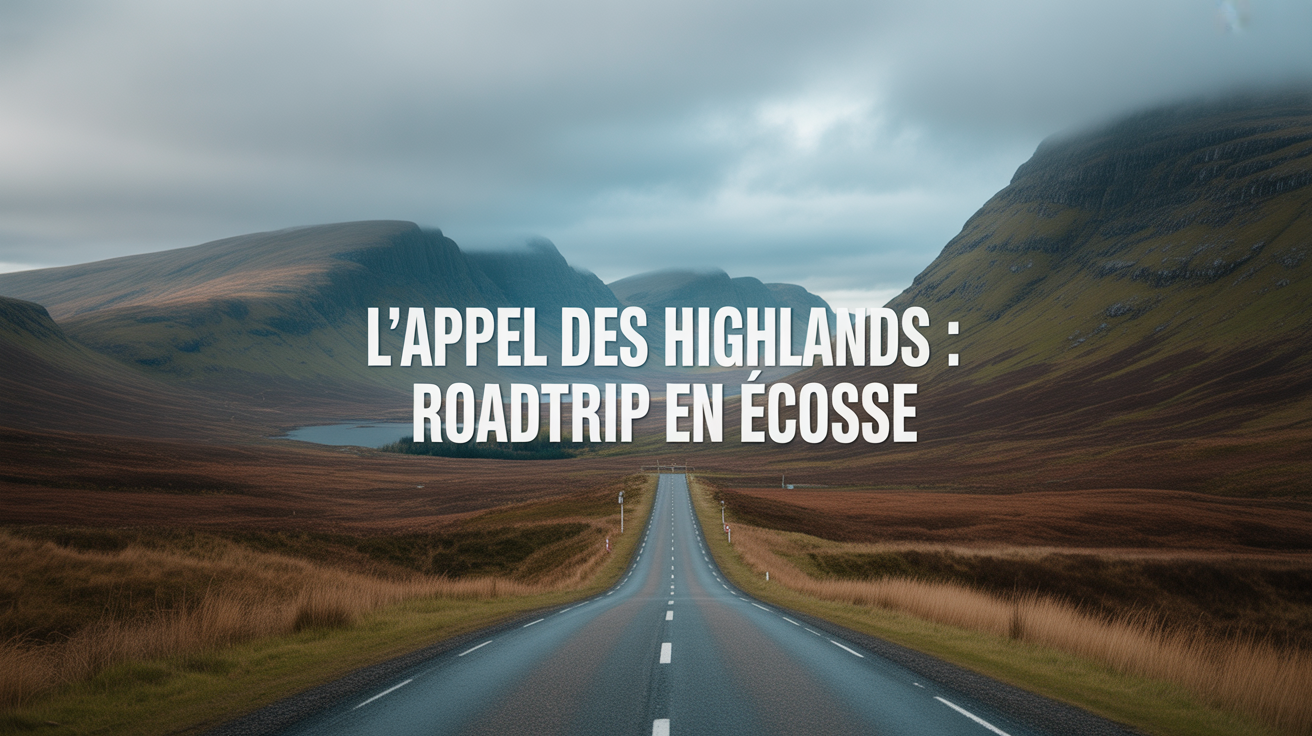 Paysage dramatique des Highlands écossais avec du brouillard, une petite cabane isolée au loin