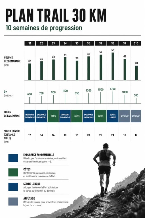 Préparation trail 30 km : visuel éditorial du plan d’entraînement sur 10 semaines avec D+ progressif et séances clés