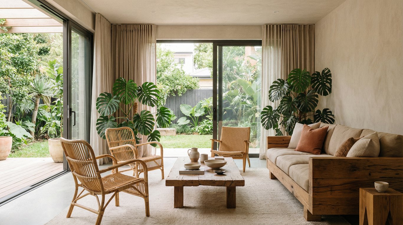 Salon ouvert sur un jardin verdoyant, lumière naturelle