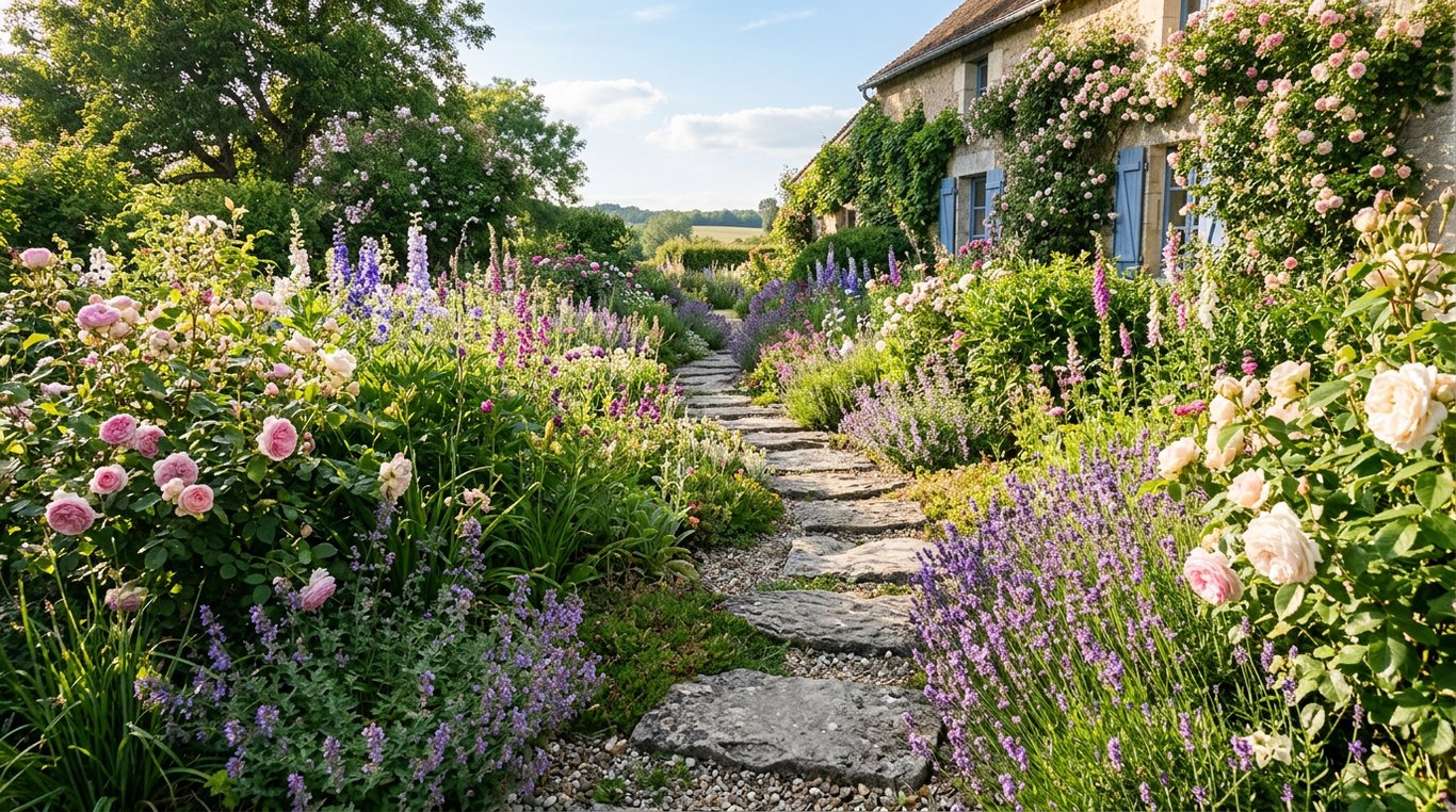 Grand jardin de campagne : floraisons, graminées et ambiance naturelle.