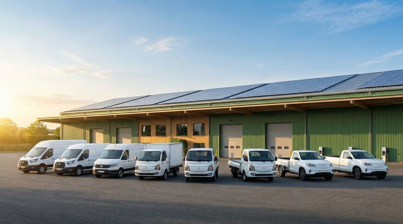 Flotte de véhicules électriques EcoTraction devant un entrepôt solaire