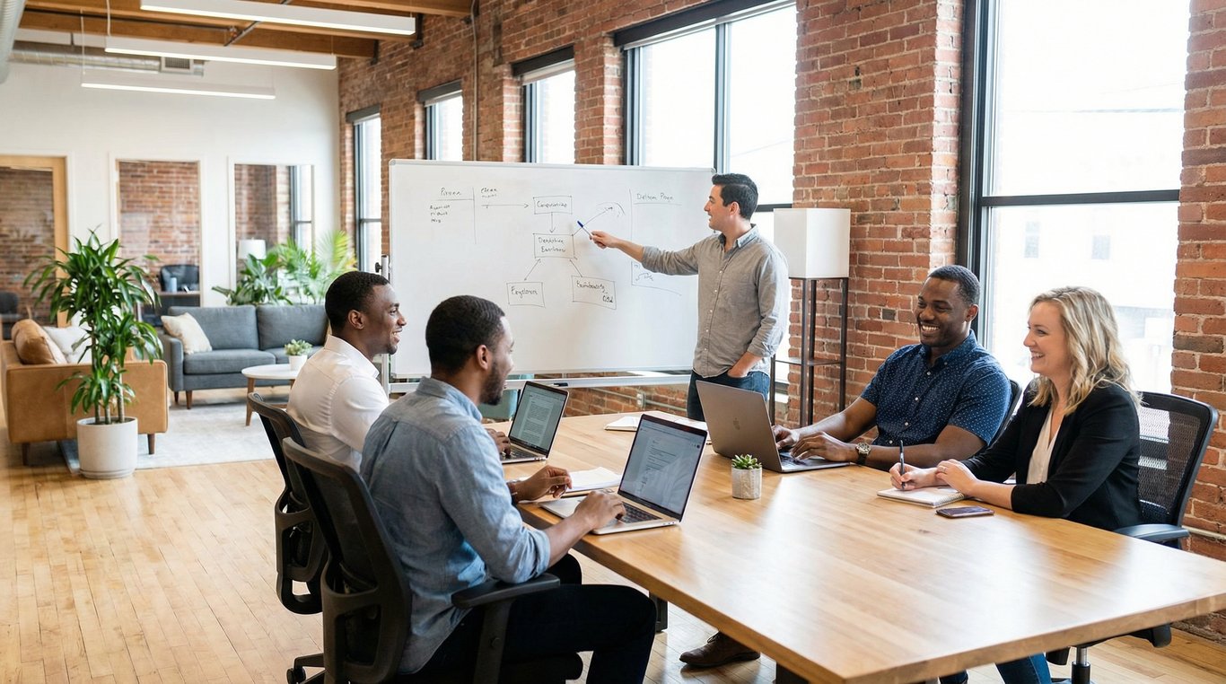 Portrait d'équipe corporate en studio, éclairage professionnel, tenues d'affaires, sourires confiants mais sérieux