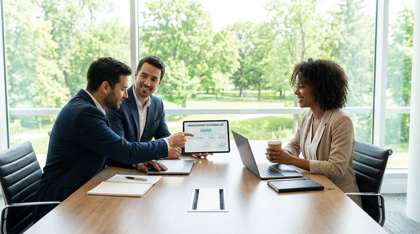 Tablette affichant des tableaux de bord financiers sur un bureau en bois avec café et lunettes