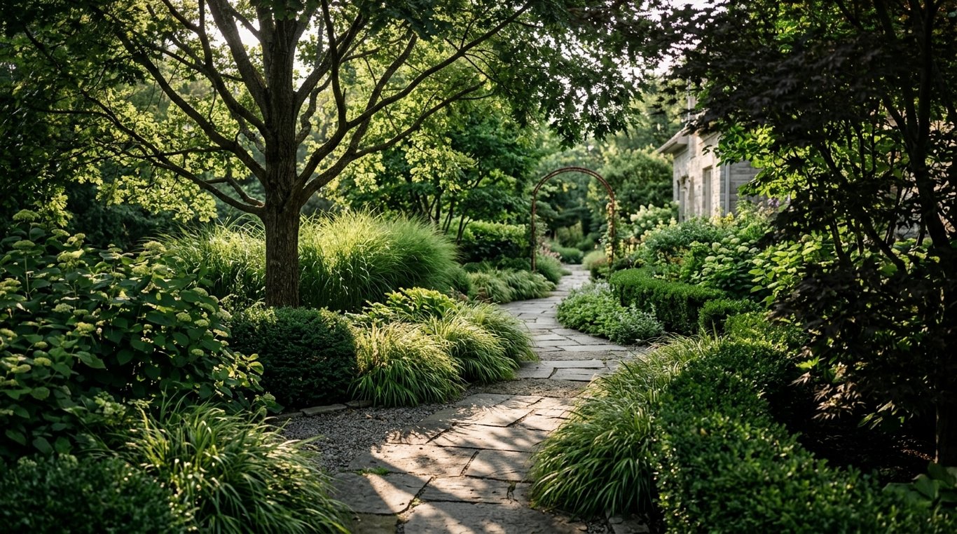 Vue détaillée d’un aménagement de jardin : textures minérales et plantations structurées.