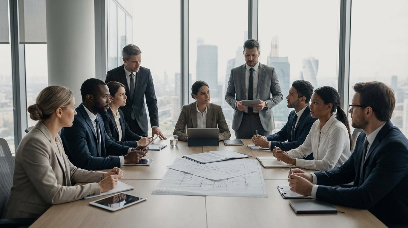 Gros plan macro sur des mains professionnelles annotant un plan stratégique sur papier blanc de haute qualité, stylo plume, éclairage studio doux, atmosphère de concentration.