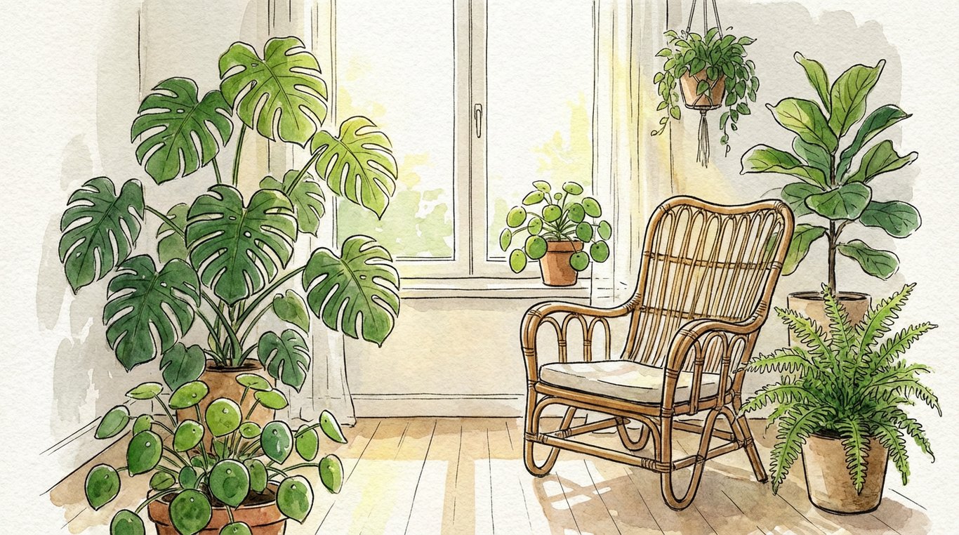 Salon lumineux rempli de plantes d'intérieur style aquarelle