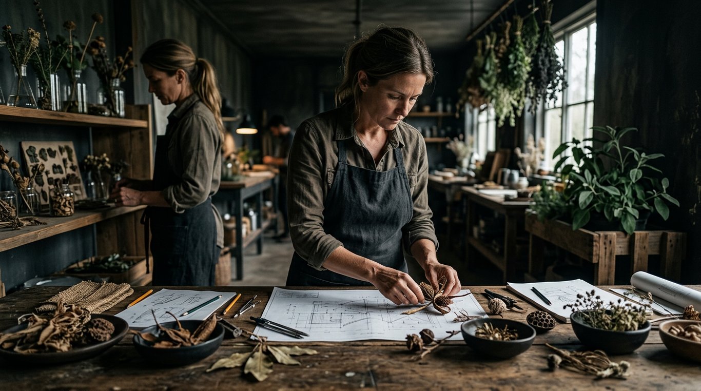 Plan d'architecte paysagiste sur table en bois avec outils et échantillons, ambiance chaleureuse