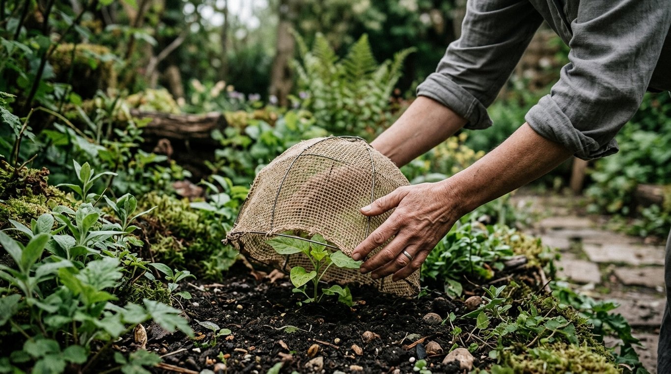 Détails de plantation : pots en terre cuite, cloche de protection et verdure éclatante