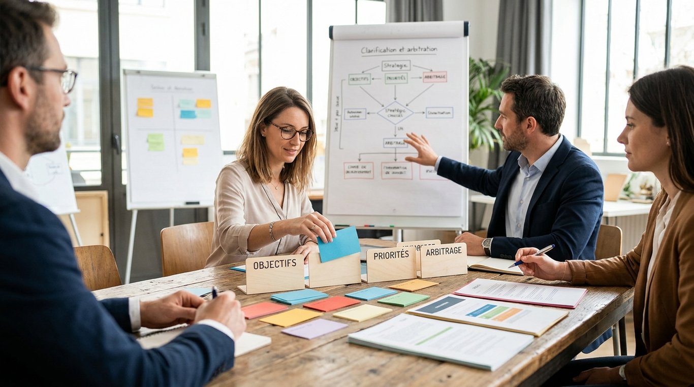 Réunion de travail : documents, graphiques et décision collective.