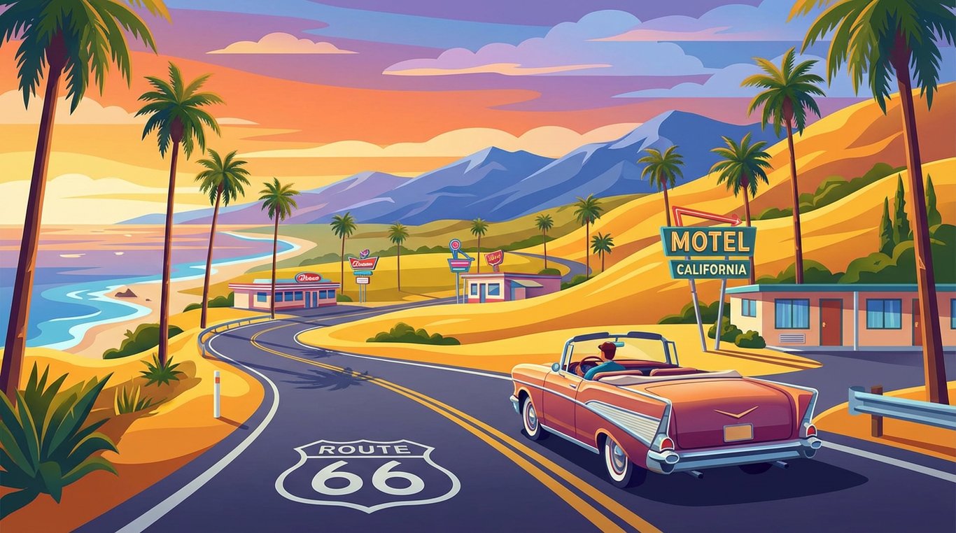 Vue d'une vieille Cadillac décapotable rose devant un diner américain rétro aux formes arrondies, ciel bleu cyan, style illustration vectorielle 80s.