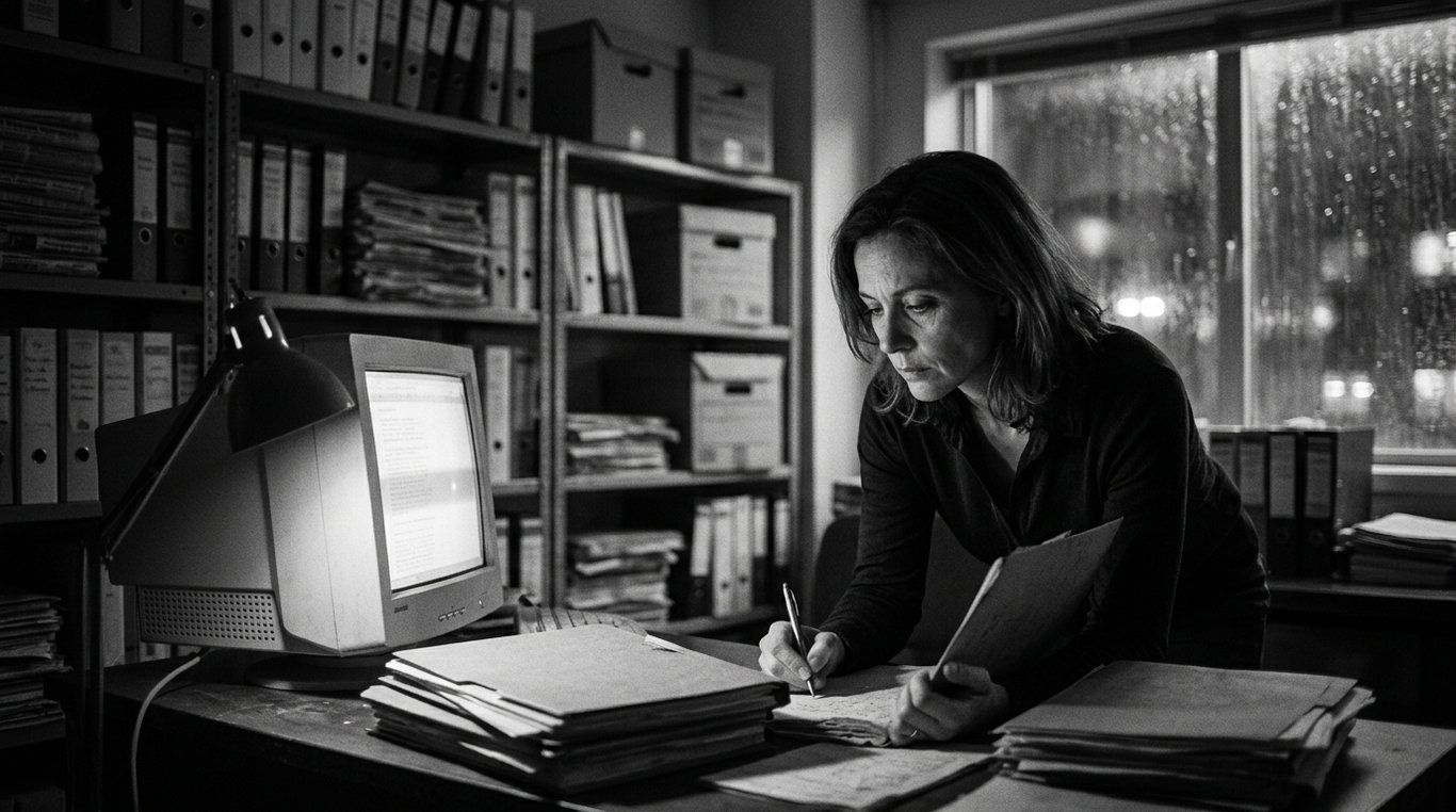 Vue rapprochée de dossiers empilés et documents flous, style documentaire