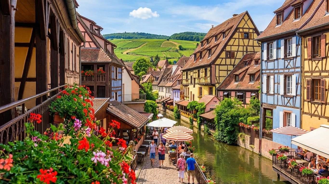 Maisons à colombages colorées dans un village alsacien