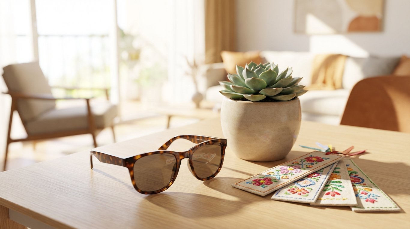 Contenu de la box septembre 2025 : lunettes de soleil design, plante succulente en pot, marque-pages faits main