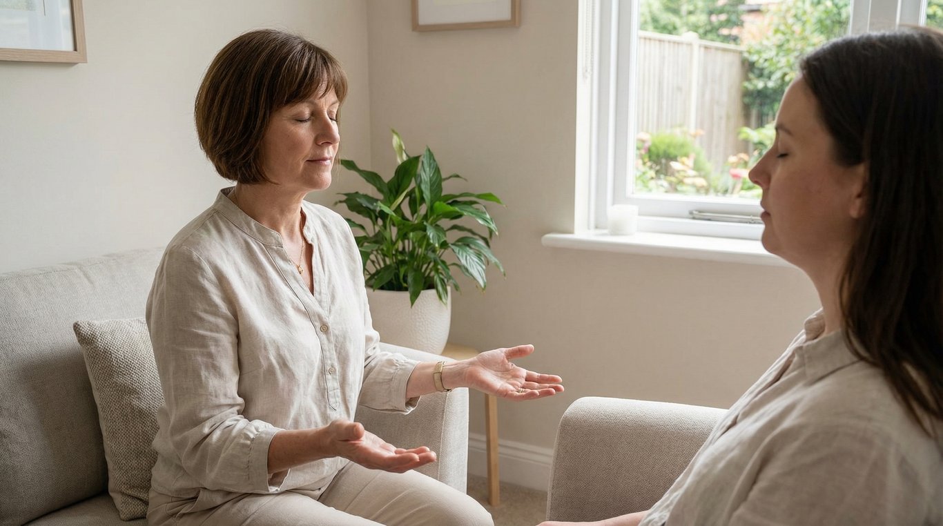 Portrait de Claire Martin, sophrologue en plein exercice de relaxation