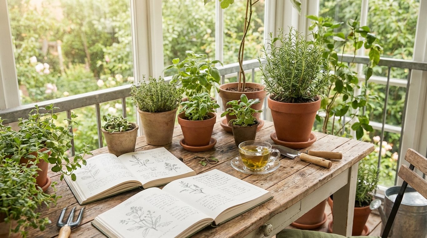 Table en bois clair avec outils de jardinage modernes et boutures de Pilea