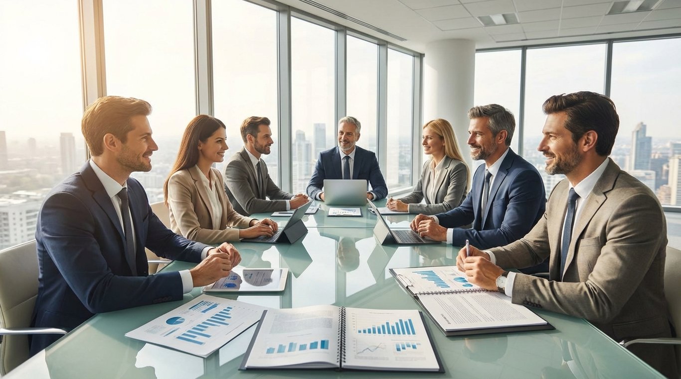 Professionnels en réunion dans un bureau moderne