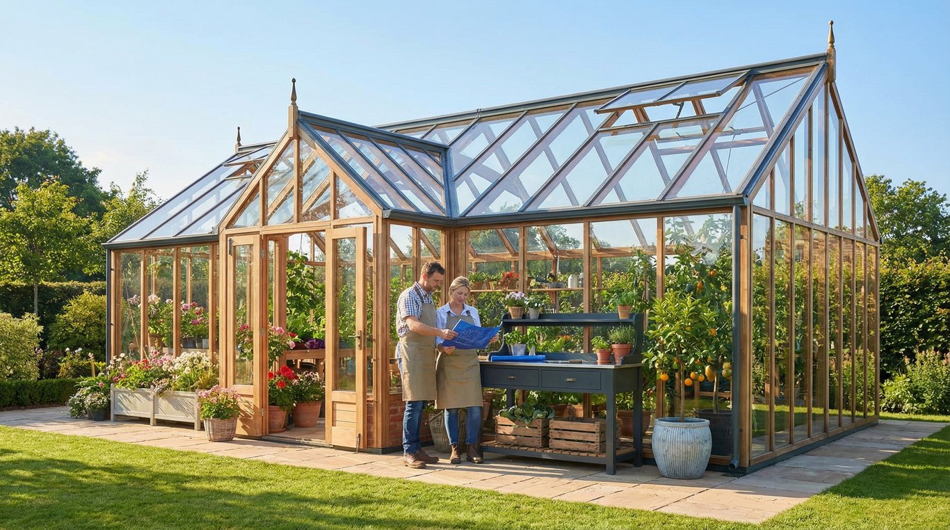 Gros plan sur les détails architecturaux d'une serre en acier noir et verre, montrant la qualité des finitions, avec des plantes tropicales luxuriantes à l'intérieur.