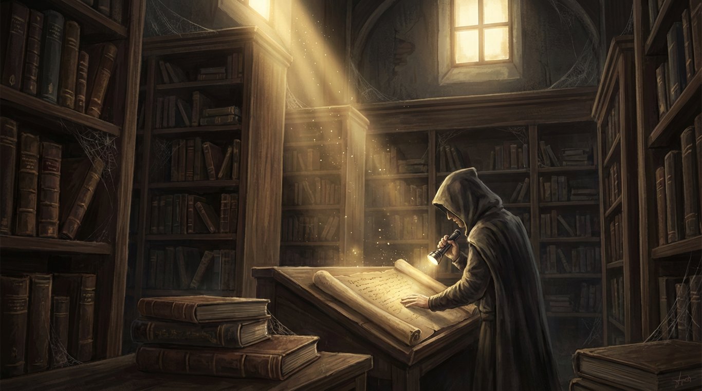 Main gantée tenant une loupe sur un parchemin