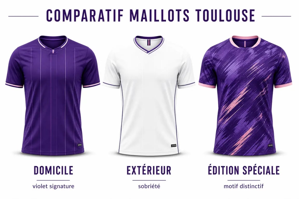 Comparatif maillot Toulouse foot domicile extérieur et third