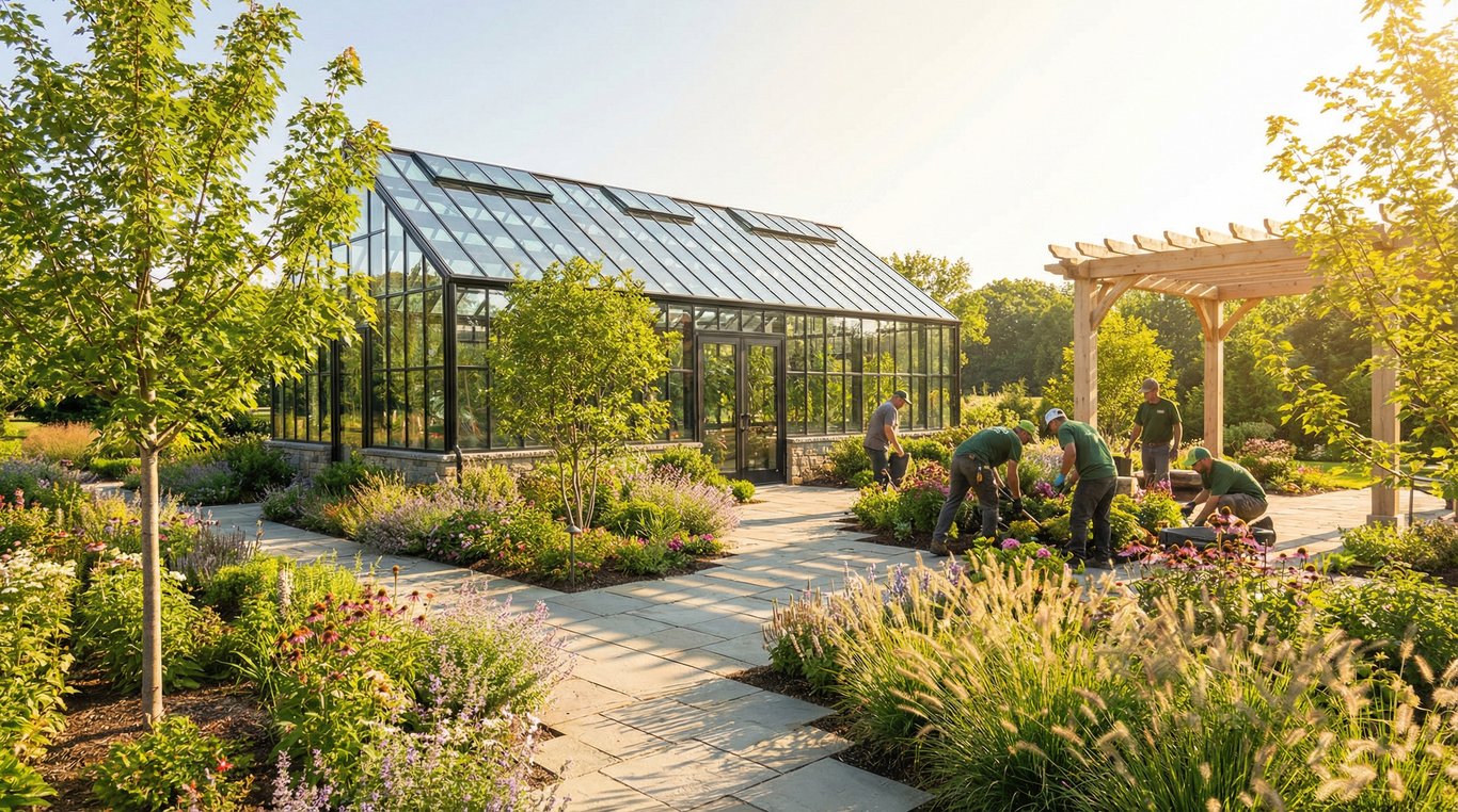 Un jardin paysager magnifiquement structuré avec des allées en pierre naturelle, des massifs de fleurs colorées et une serre élégante en arrière-plan.