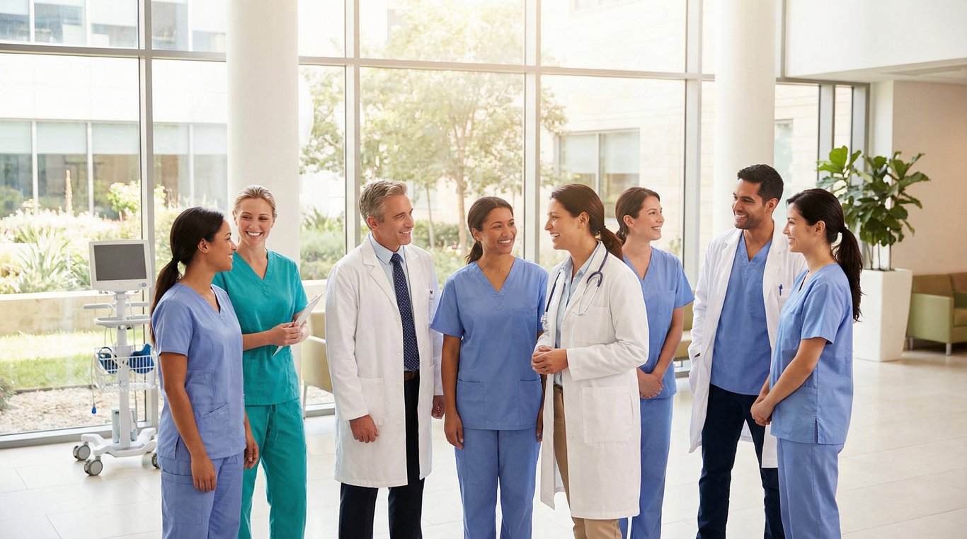 Portrait de groupe d'une équipe médicale diversifiée en blouse blanche, souriant face caméra sur fond neutre et lumineux