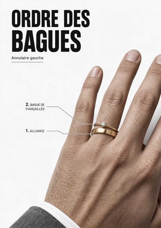 Alliance doigt homme : ordre alliance puis bague de fiançailles sur l’annulaire